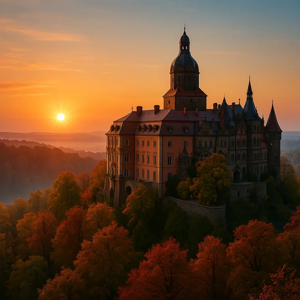 Majestatyczny zamek w Polsce o wschodzie słońca